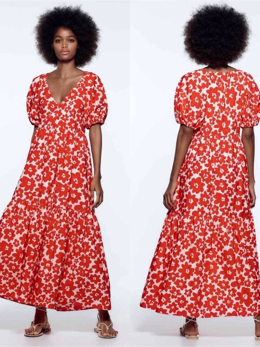 Zara Red Floral Puff-Sleeve Poplin Maxi Dress Size Small